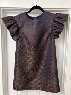 Janie and Jack Dress with Red and Green Floral Jacquard Ruffle Sleeves